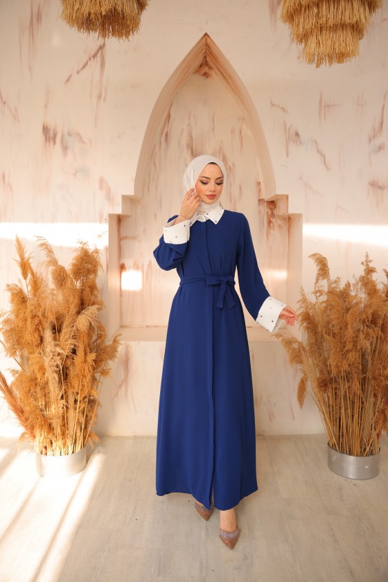 4504 - Taş Detaylı Tesettür Elbise Laci̇vert-L5