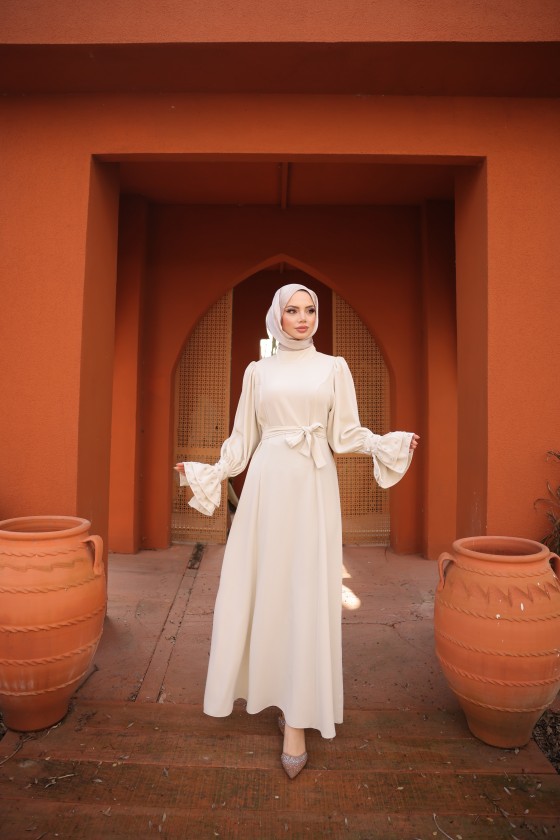 4507-Taş Detaylı Tesettür Elbise Bej-L3