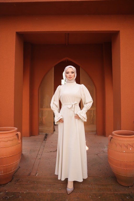 4507-Taş Detaylı Tesettür Elbise Bej-L3