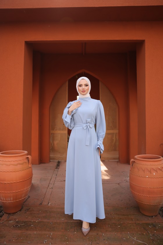 4507 Taş Detaylı Tesettür Elbise Mavi̇- L-3