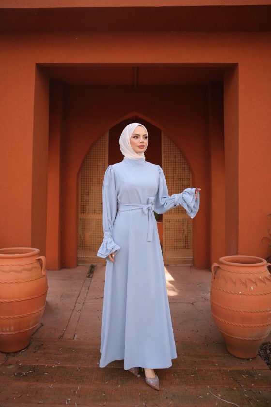 4507 Taş Detaylı Tesettür Elbise Mavi̇- L-3