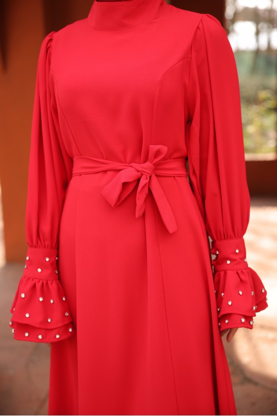 4507- Taş Detaylı Tesettür Elbise Kirmizi-L3