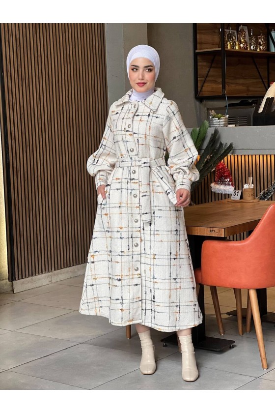 4449 - Renk Detaylı Tesettür Kaban Beyaz - Turuncu