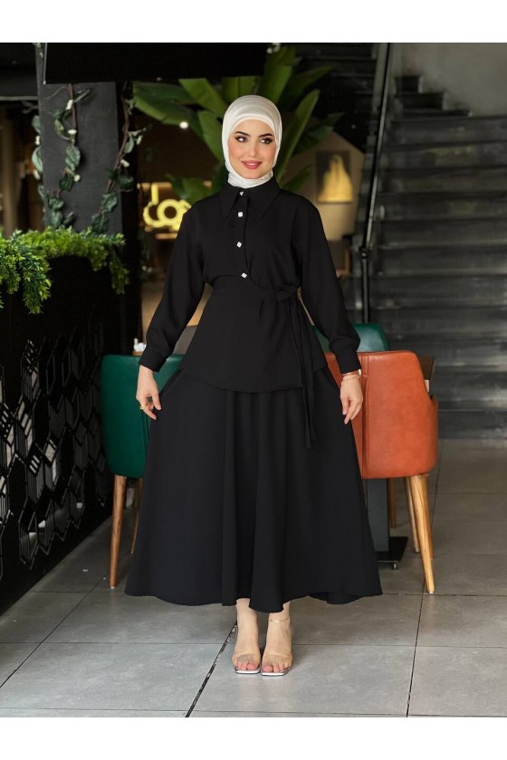 4517 - Krep Kumaş İkili Tesettür Takım Si̇yah-L7