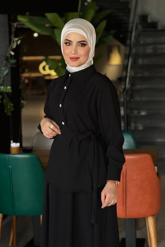 4517 - Krep Kumaş İkili Tesettür Takım Si̇yah-L7