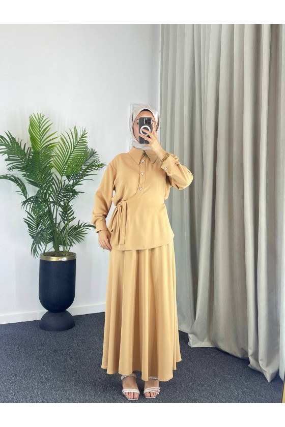 4517 - Krep Kumaş İkili Tesettür Takım Camel-L7