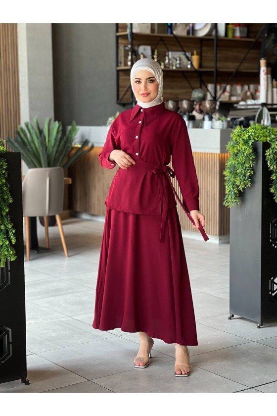 4517 - Krep Kumaş İkili Tesettür Takım Bordo-L7