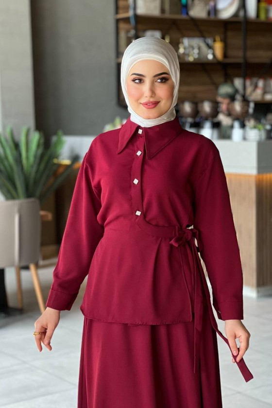 4517 - Krep Kumaş İkili Tesettür Takım Bordo-L7