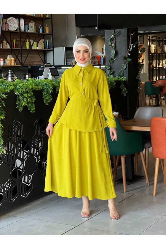 4517 - Krep Kumaş İkili Tesettür Takım Yağ Yeşili-L7