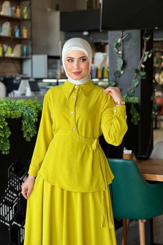 4517 - Krep Kumaş İkili Tesettür Takım Yağ Yeşili-L7