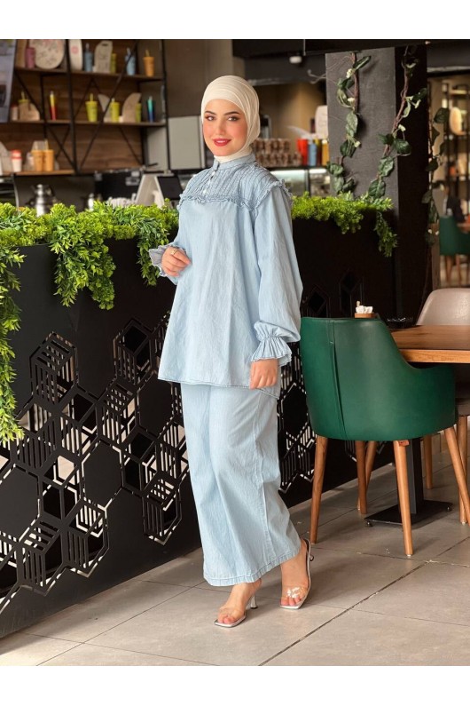 4518 - Tensel Kot Tesettür İkili Takım Açık Mavi-L10 4518 - Tensel Kot Tesettür İkili Takım Açık Mavi-L10