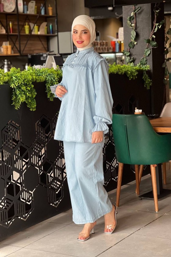 4518 - Tensel Kot Tesettür İkili Takım Açık Mavi-L10