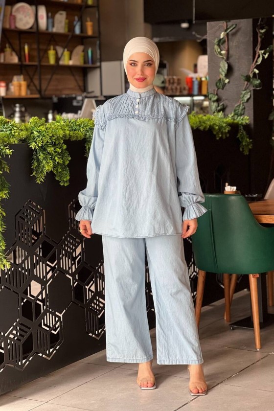 4518 - Tensel Kot Tesettür İkili Takım Açık Mavi-L10