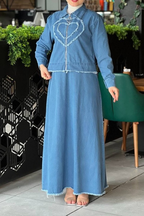 4520 - Kalp Desen Kot Kumaş Tesettür Takım Mavi̇