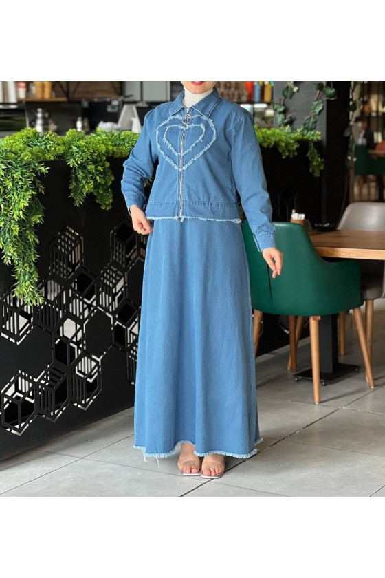 4520 - Kalp Desen Kot Kumaş Tesettür Takım Mavi̇