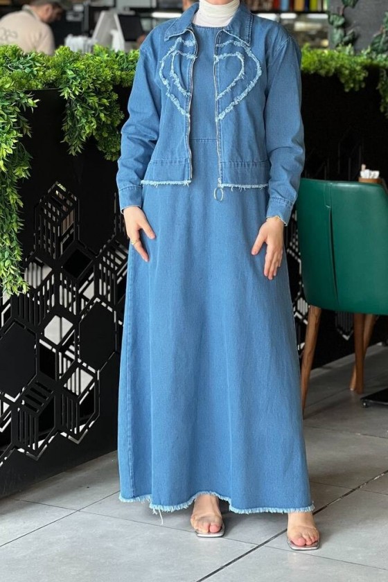 4520 - Kalp Desen Kot Kumaş Tesettür Takım Mavi̇