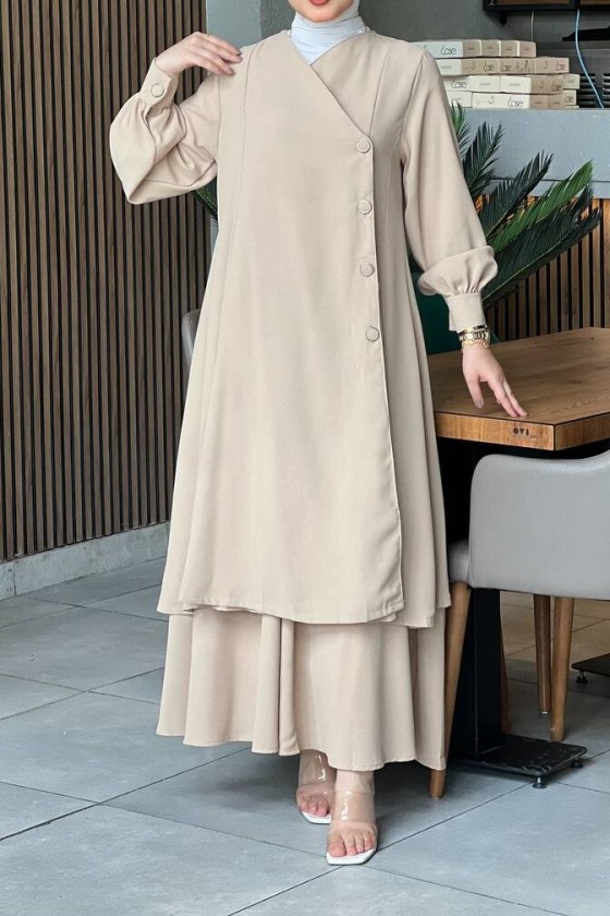 4530 - Etekli Tesettür İkili Takım Bej-Z16