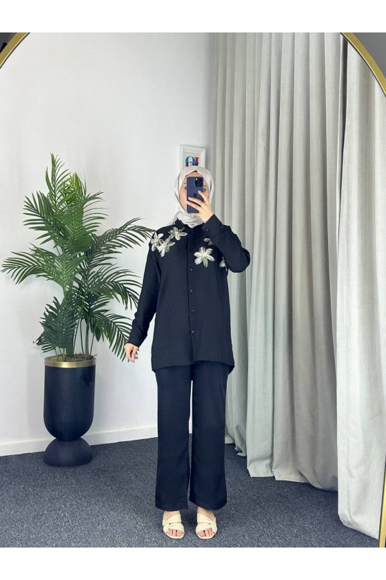 7756 - Keten Tesettür İkili Takım Si̇yah-Z1