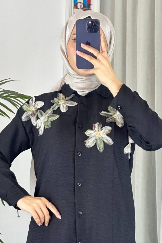 7756 - Keten Tesettür İkili Takım Si̇yah-Z1