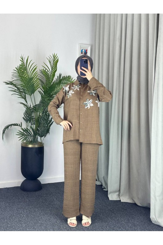 7756 - Keten Tesettür İkili Takım Bej-Z1 7756 - Keten Tesettür İkili Takım Bej-Z1