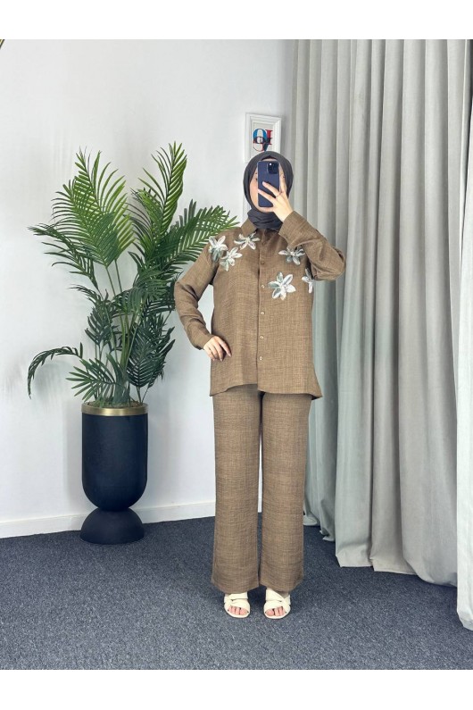 7756 - Keten Tesettür İkili Takım Bej-Z1 7756 - Keten Tesettür İkili Takım Bej-Z1