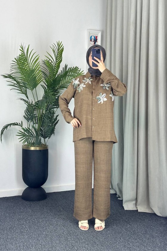 7756 - Keten Tesettür İkili Takım Bej-Z1