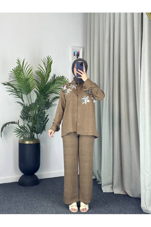 7756 - Keten Tesettür İkili Takım Bej-Z1 7756 - Keten Tesettür İkili Takım Bej-Z1