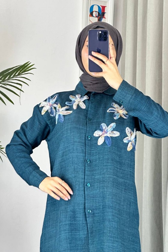 7756 - Keten Tesettür İkili Takım Mavi̇-Z1