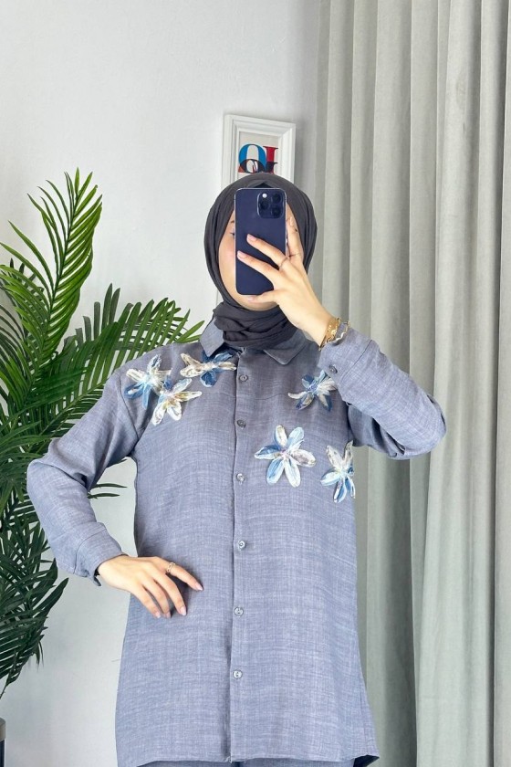 7756 - Keten Tesettür İkili Takım Gri̇-Z1