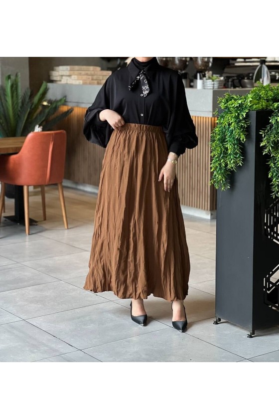 7757 - Kırışık Tesettür Etek Kahverengi̇