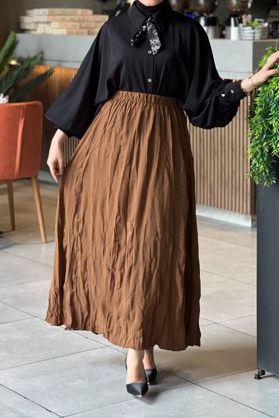 7757 - Kırışık Tesettür Etek Kahverengi̇