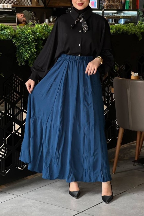 7757 - Kırışık Tesettür Etek Mavi̇