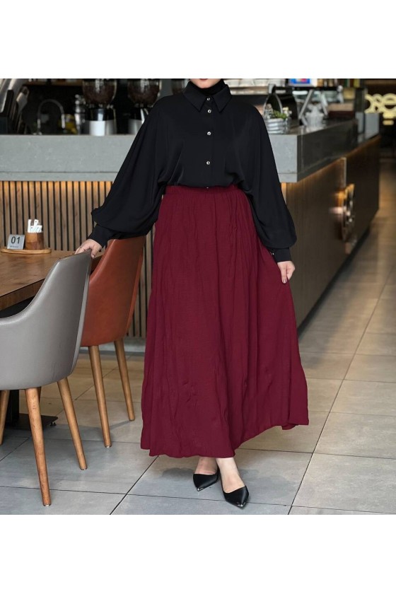 7757 - Kırışık Tesettür Etek Bordo