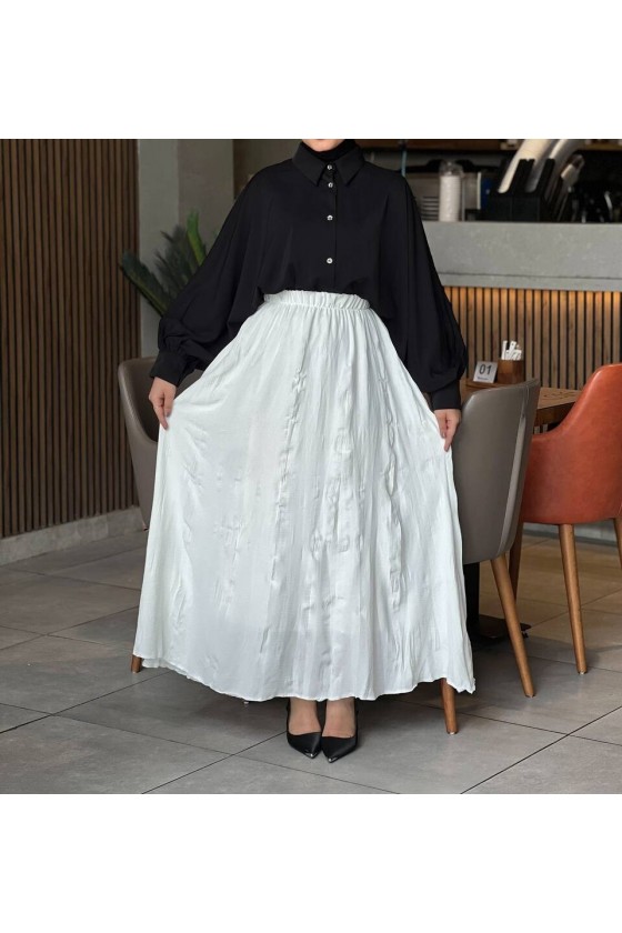 7757 - Kırışık Tesettür Etek Beyaz