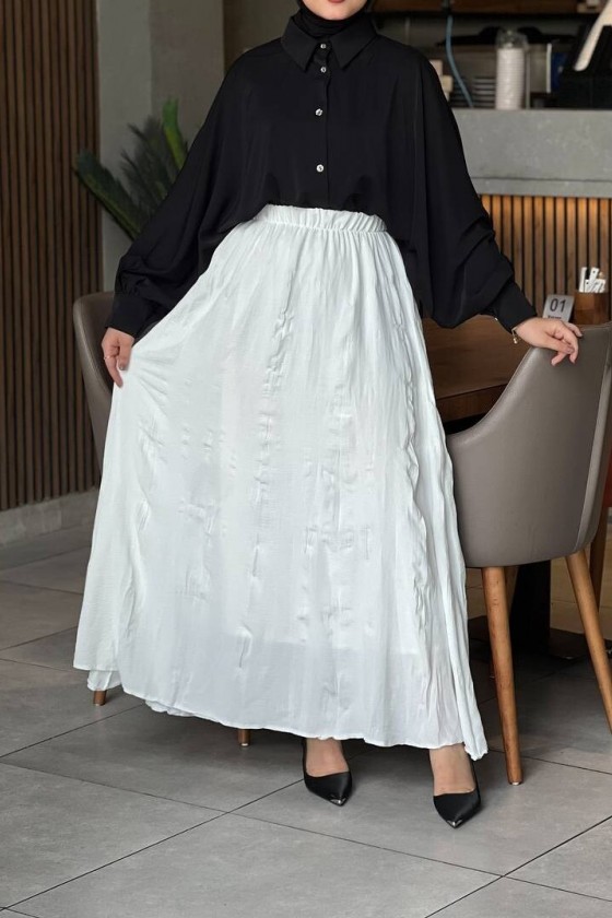 7757 - Kırışık Tesettür Etek Beyaz