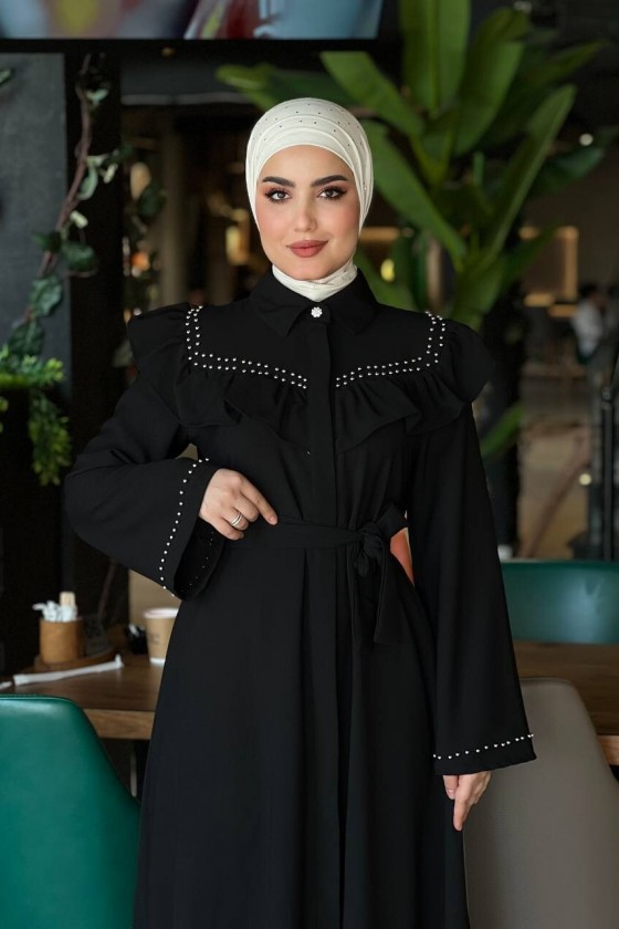 4505 - Krep Kumaş Tesettür Elbise Si̇yah-K 8