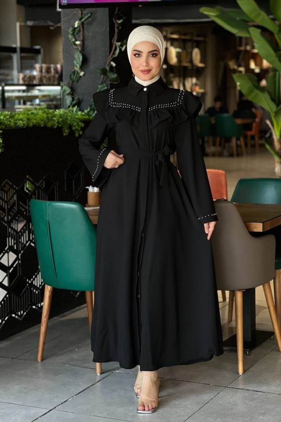 4505 - Krep Kumaş Tesettür Elbise Si̇yah-K 8