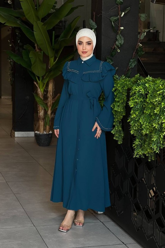 4505 - Krep Kumaş Tesettür Elbise Mavi̇-K 8