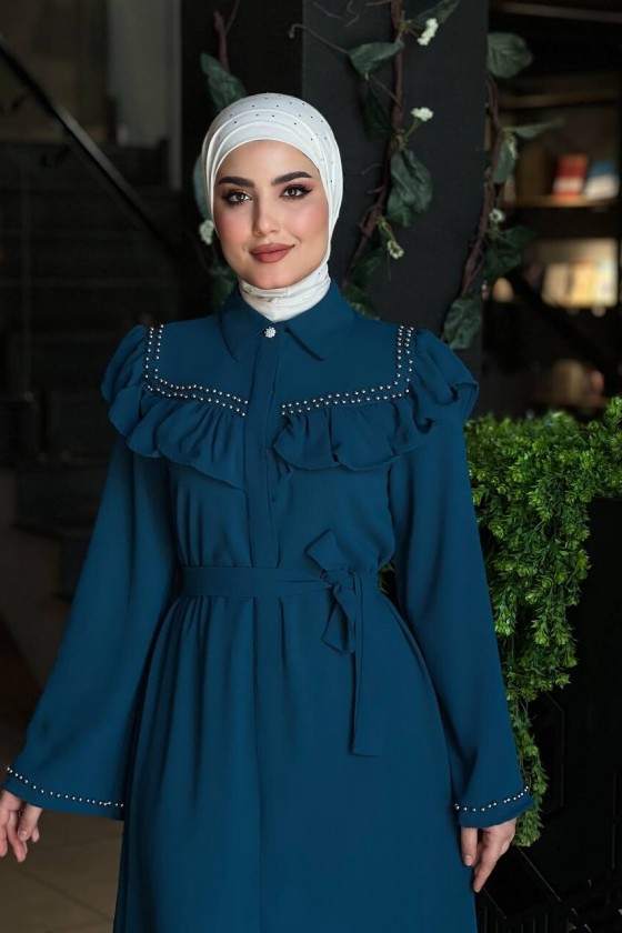4505 - Krep Kumaş Tesettür Elbise Mavi̇-K 8