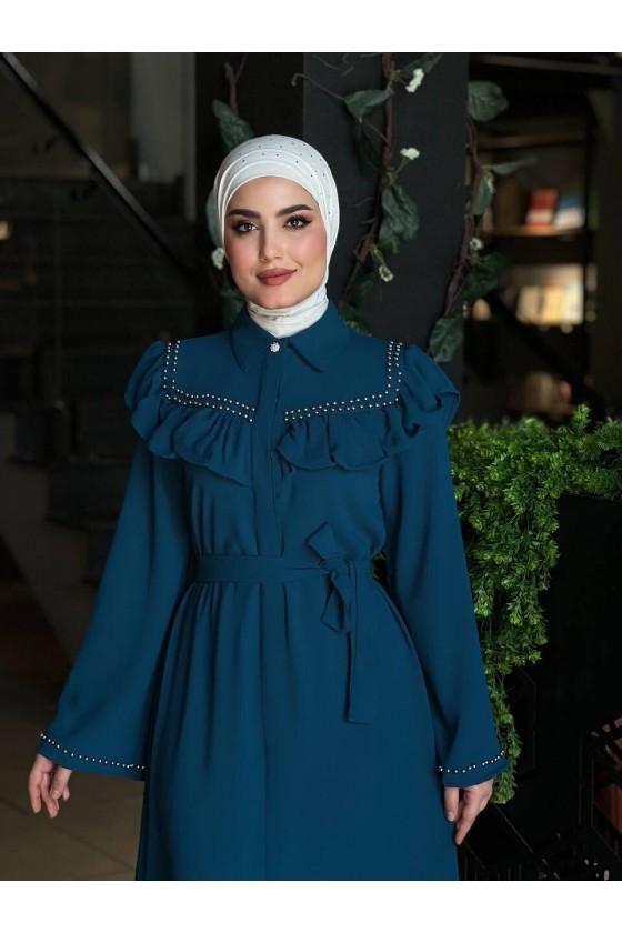 4505 - Krep Kumaş Tesettür Elbise Mavi̇-K 8 4505 - Krep Kumaş Tesettür Elbise Mavi̇-K 8