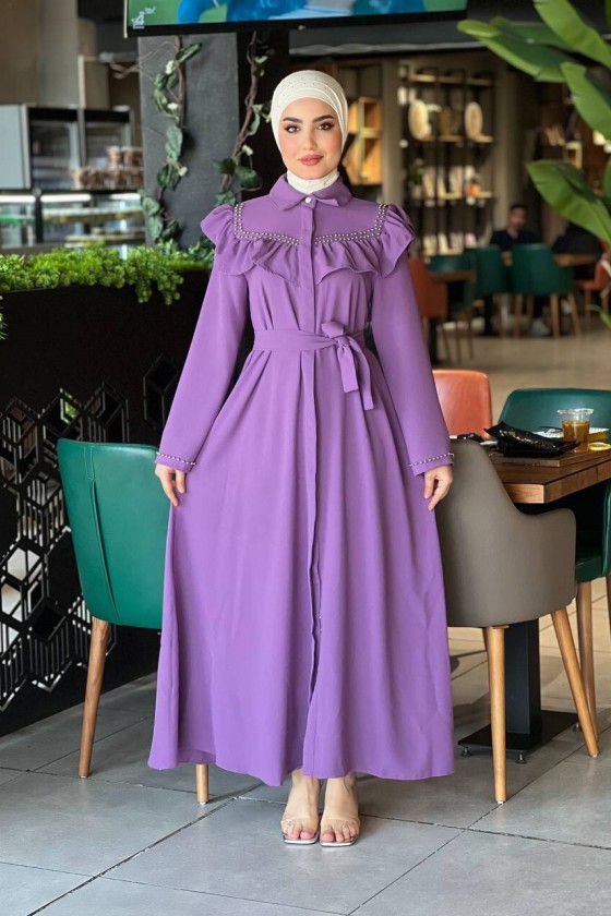 4505 - Krep Kumaş Tesettür Elbise Mor-K 7