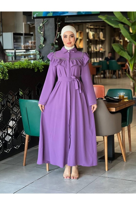 4505 - Krep Kumaş Tesettür Elbise Mor-K 7