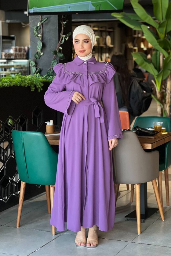 4505 - Krep Kumaş Tesettür Elbise Mor-K 7