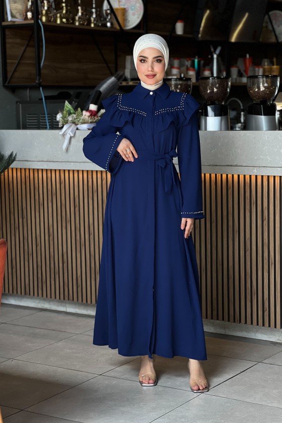 4505 - Krep Kumaş Tesettür Elbise Laci̇vert-K 8