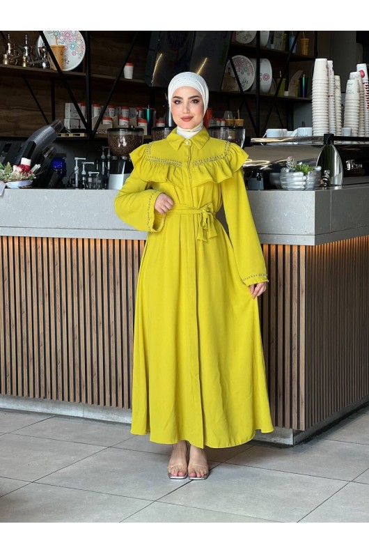 4505 - Krep Kumaş Tesettür Elbise Yağ Yeşili-K 8 4505 - Krep Kumaş Tesettür Elbise Yağ Yeşili-K 8
