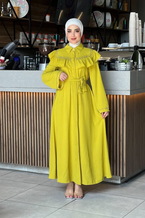 4505 - Krep Kumaş Tesettür Elbise Yağ Yeşili-K 8