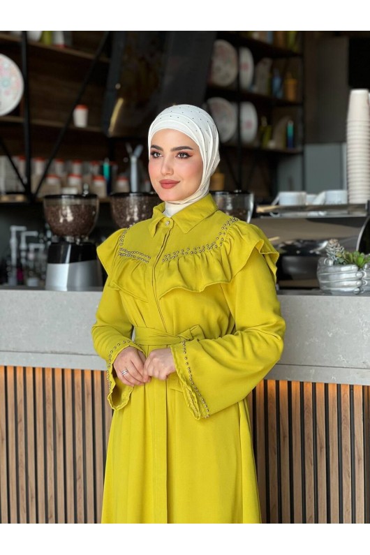 4505 - Krep Kumaş Tesettür Elbise Yağ Yeşili-K 8 4505 - Krep Kumaş Tesettür Elbise Yağ Yeşili-K 8