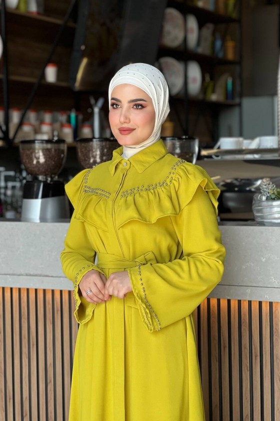 4505 - Krep Kumaş Tesettür Elbise Yağ Yeşili-K 8