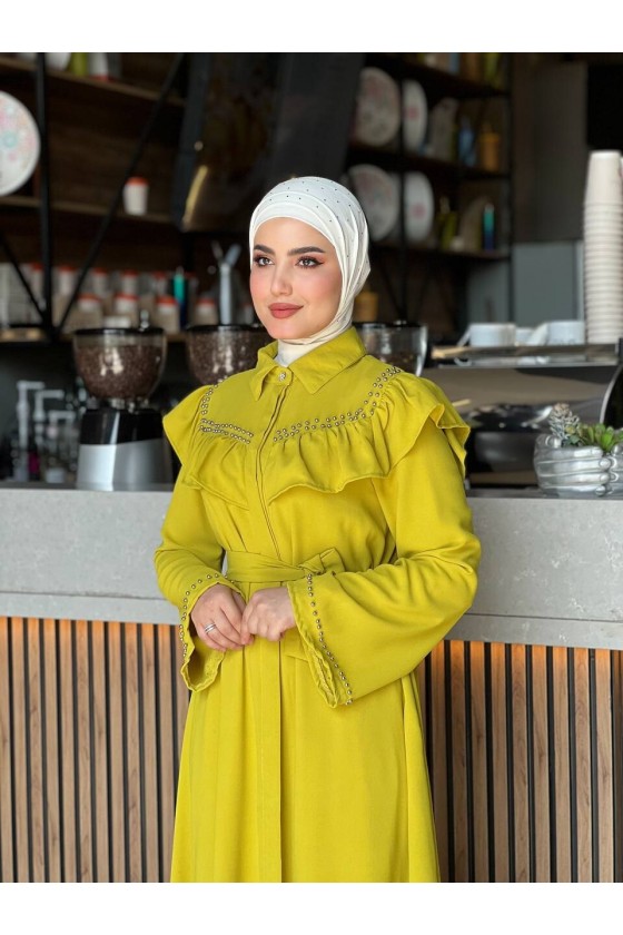 4505 - Krep Kumaş Tesettür Elbise Yağ Yeşili-K 8 4505 - Krep Kumaş Tesettür Elbise Yağ Yeşili-K 8