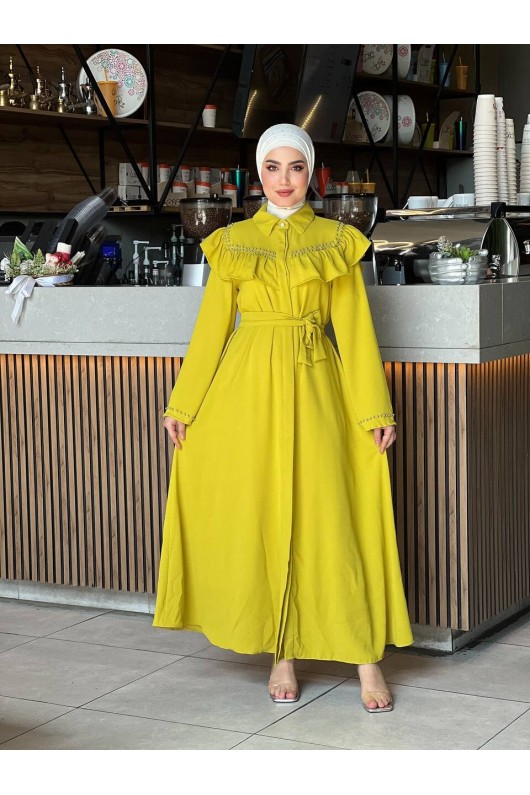4505 - Krep Kumaş Tesettür Elbise Yağ Yeşili-K 8 4505 - Krep Kumaş Tesettür Elbise Yağ Yeşili-K 8